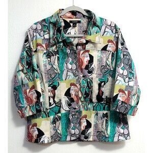 Vintage Kaktus Women's Jacket Cotton Blend 3/4 Sleeves Picasso Art Buttons XL